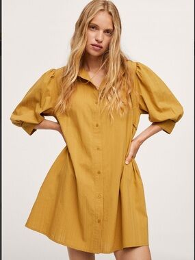 Mango Shirt Textured Dress In Yellow